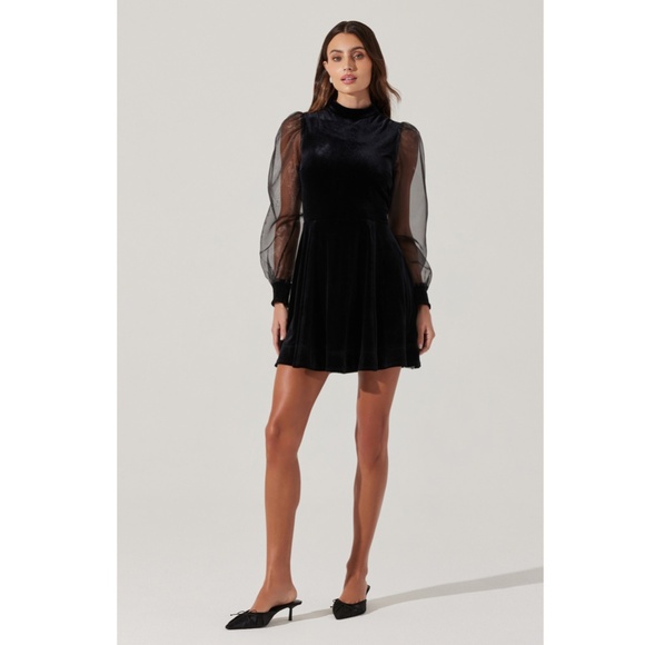 NEW ASTR Black VELVET High Neck SHEER Puff Sleeve COCKTAIL Mini DRESS S - Picture 12 of 16
